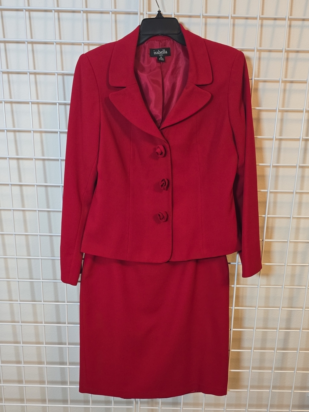 Isabella Red Women's Skirt Suit With Rosette Button Detail Size 10